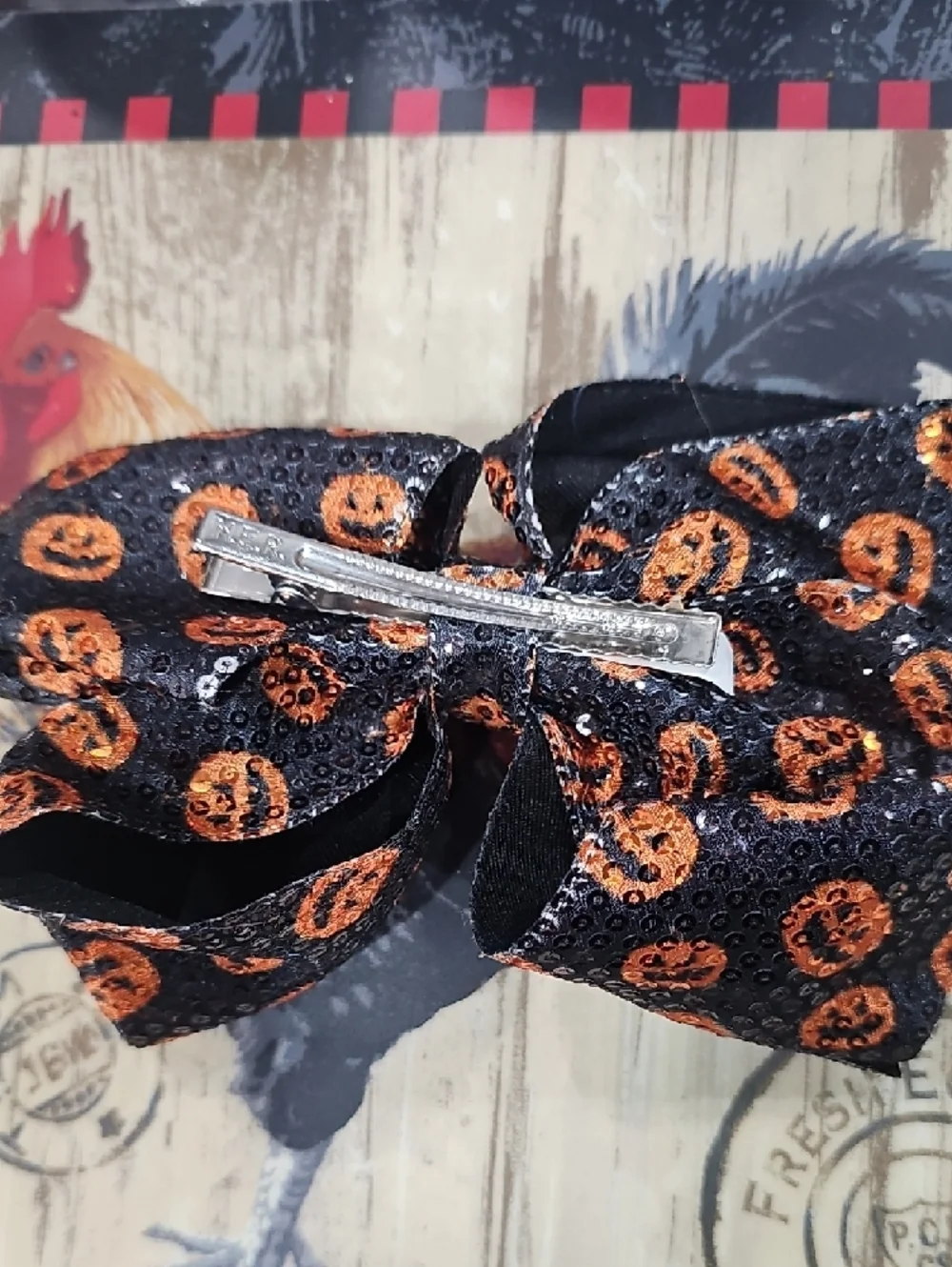 Kids Halloween Sequin Bow Hair Clip - Black & Orange